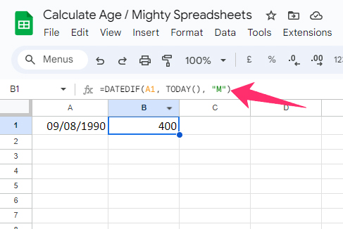 =DATEDIF(A1, TODAY(), M)