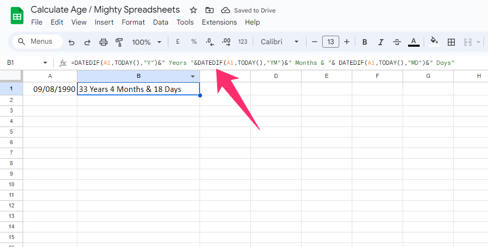 =DATEDIF(A1,TODAY(),Y)& Years &DATEDIF(A1,TODAY(),YM)& Months & & DATEDIF(A1,TODAY(),MD)& Days