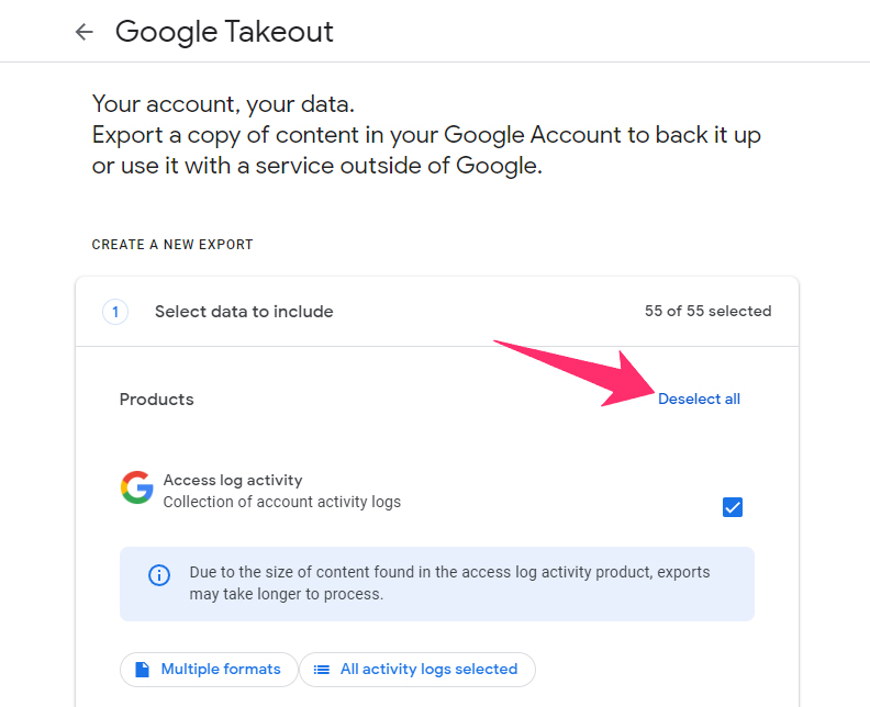 Deselect All in google takeout page