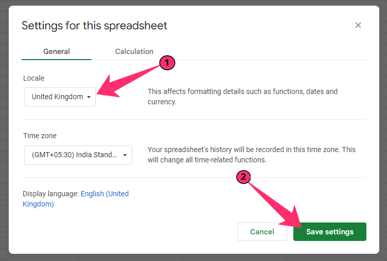 change Locale from sheets settings