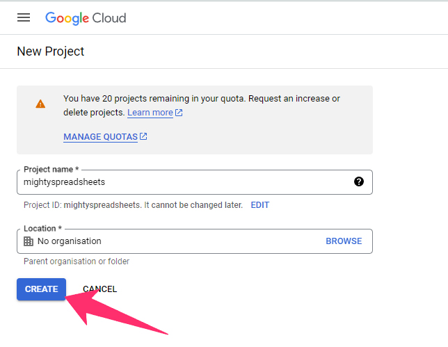 create project in google api console