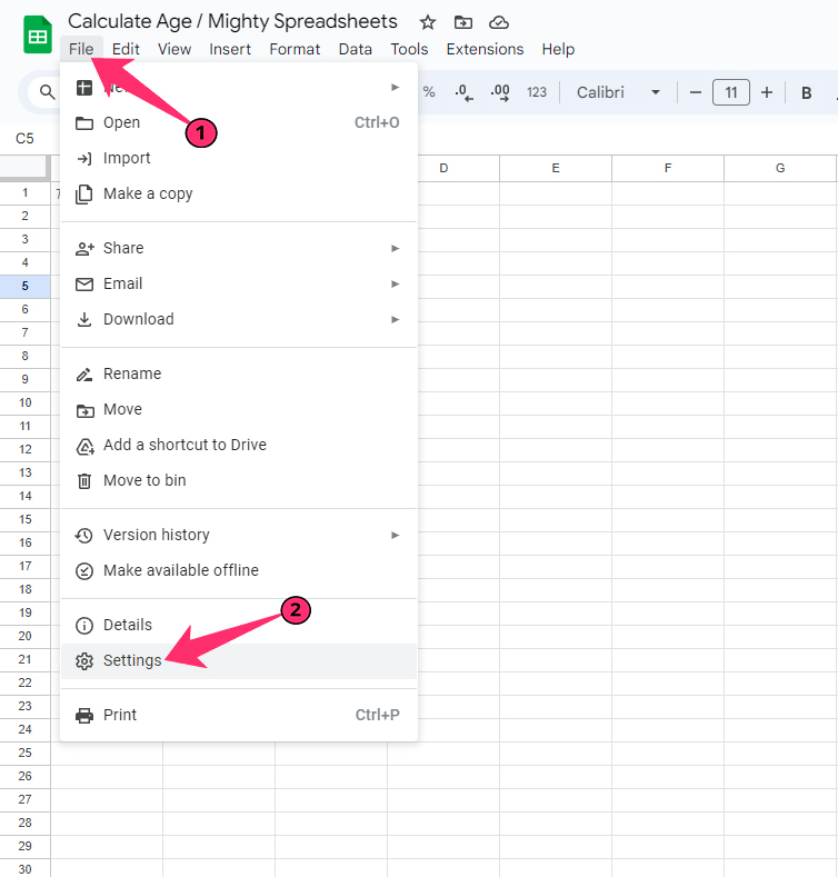 file Settings option in sheets