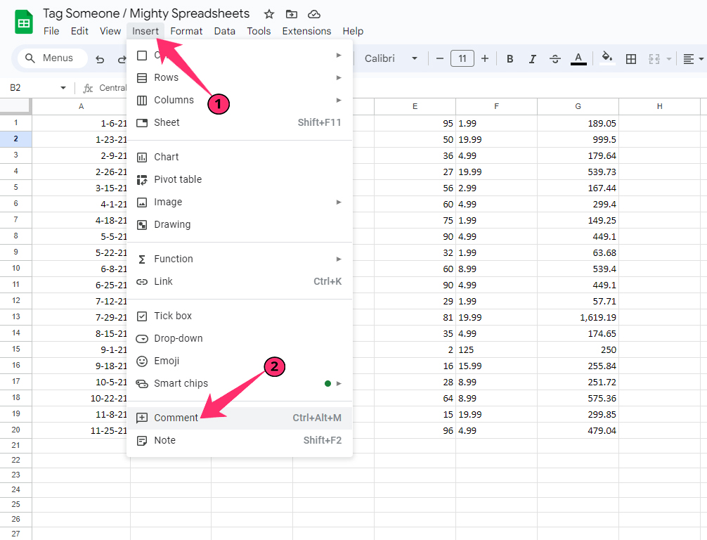 Comment option under insert option