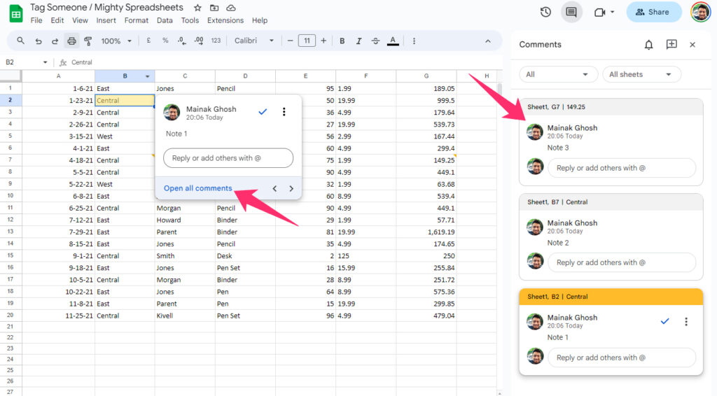 Open all comments in sheets