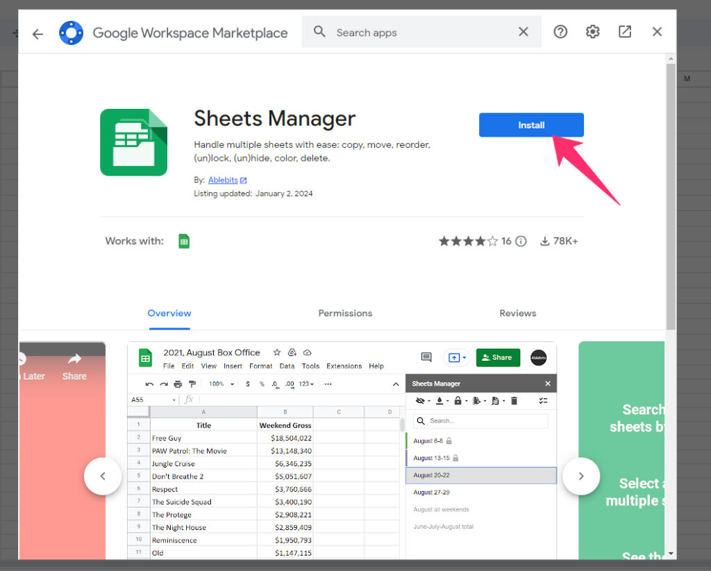 Sheets Manager addon